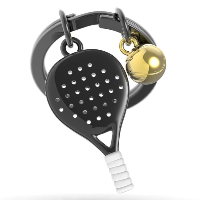 Chaveiro com pendente de raquete de pádel preta e bola dourada