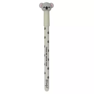 Caneta branca com cabeça de coala cinza e texto TAKE ME WITH YOU.