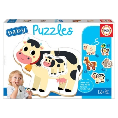 Puzzle para bebés com figura de vaca e embalagem com texto baby puzzles Educa 12+ Meses.