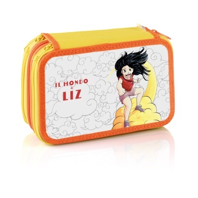 Estojo amarelo com fechos laranja e amarelos, com ilustração de personagem e texto IL MONDO di LIZ