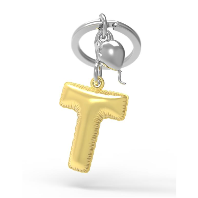 Chaveiro com letra T dourada em balão metálico e elefante prateado