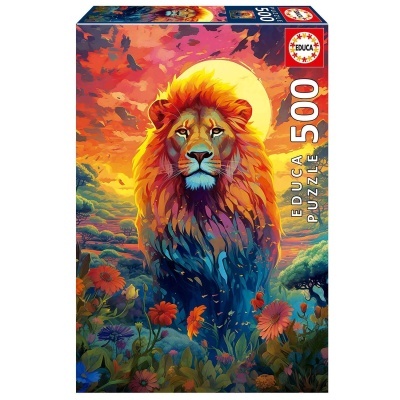 Caixa de puzzle com imagem de leão colorido e flores ao pôr do sol
