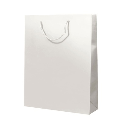 Saco de papel branco com alças de corda branca.