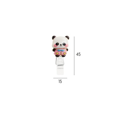 Clipe com figura de panda colorido em plástico com roupa rosa e clip transparente