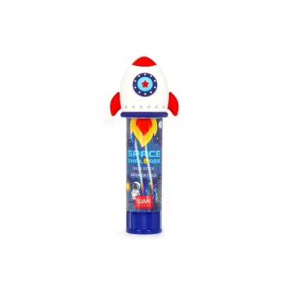 Cola em stick com tampa em forma de foguetão e corpo azul com ilustração espacial