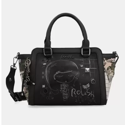 Mala preta handbag com ilustração e texto Anekke Relish the moment