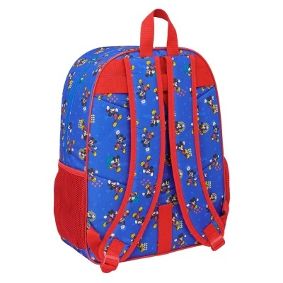 Mochila infantil azul com padrão do Mickey Mouse e detalhes vermelhos