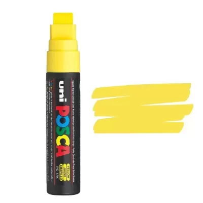 Marcador Uni Posca amarelo com três traços de tinta amarela