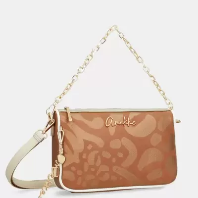 Bolsa de senhora castanha com padrão animal print e alça dourada