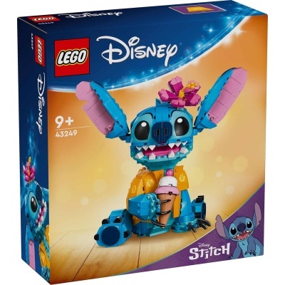 Caixa do conjunto LEGO Disney Stitch 43249 com boneco Stitch a segurar um gelado, cores azul, rosa, amarelo e castanho.