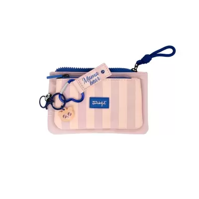 Carteira rosa com listras, fecho azul e chaveiro de urso