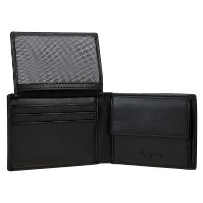 Carteira preta aberta em couro com compartimento em rede e porta-moedas Pepe Jeans