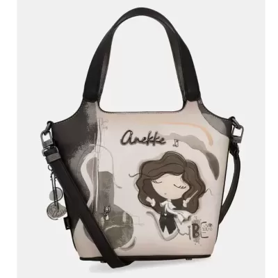 Mala Anekke bege e castanha com ilustração de personagem e violoncelo.