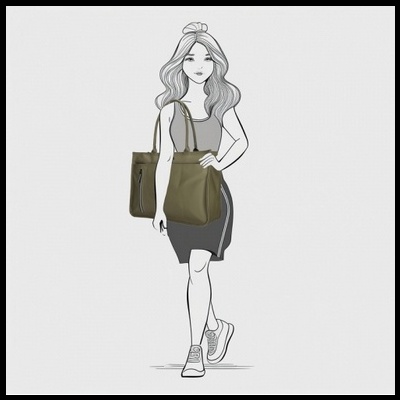 Ilustração mulher com mala verde-oliva e vestido cinza