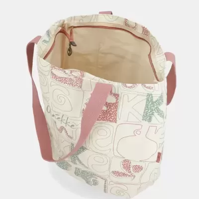 Saco tote de tecido bege com padrão de letras coloridas e alças rosas