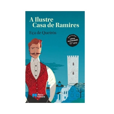 Capa de livro A Ilustre Casa de Ramires com ilustração de homem e torre branca