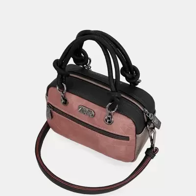 Bolsa pequena de senhora em sintético preto, rosa e bege com alça removível e bolso exterior com fecho