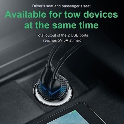 Carregador USB duplo para carro com dois cabos conectados e texto explicativo em inglês