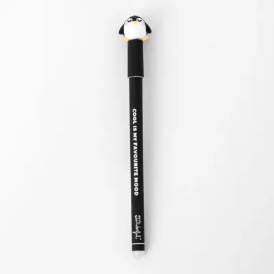 Caneta preta com topo de pinguim e texto branco