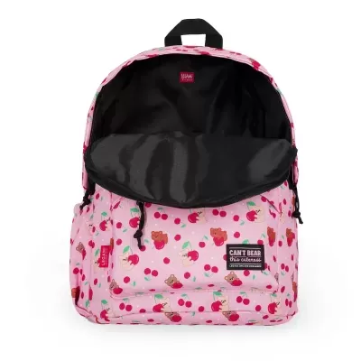 Mochila rosa com padrão de ursinhos e cerejas e bolso frontal