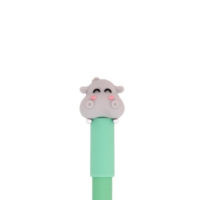 Caneta verde água com topo de hipopótamo cinza decorativo