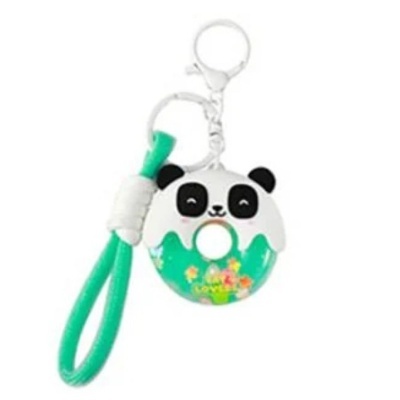 Chaveiro donut com rosto de panda, em cores branco, preto e verde, com cordão verde.