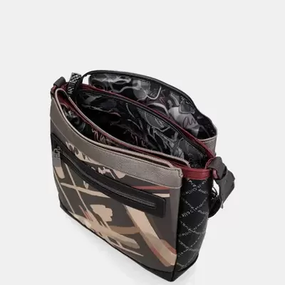 Mala transversal preta e bege com padrão abstrato e fecho de correr