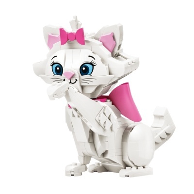 Figura de gato de blocos de construção branco e rosa com olhos azuis