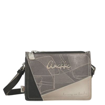 Bolsa pequena Anekke cinza, preta e bege com alça ajustável e detalhes em metal