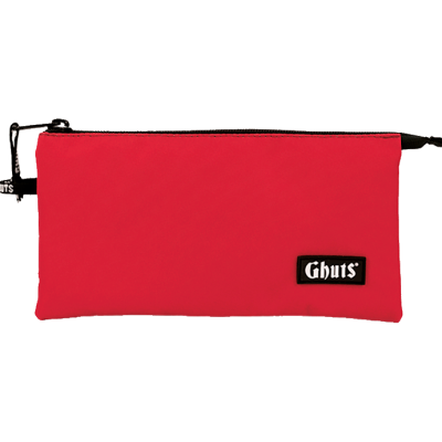Estojo vermelho retangular com fecho preto e etiqueta com texto Ghuts