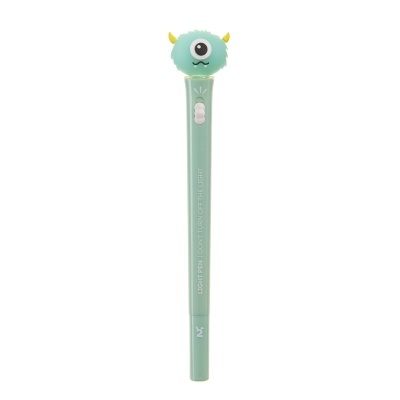 Caneta luminosa verde com cabeça de monstro azul claro no topo