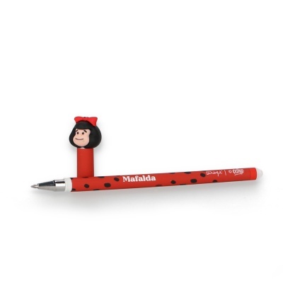 Caneta vermelha com pontos pretos e personagem Mafalda na tampa
