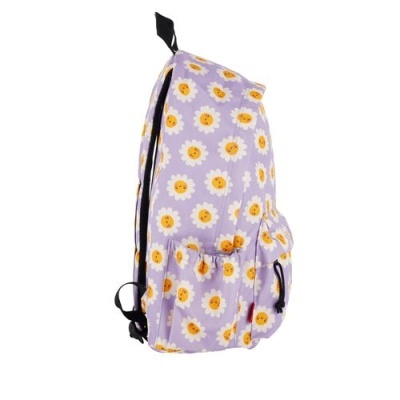 Mochila lilás com padrão de flores sorridentes e alças pretas