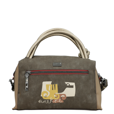 Mala castanha e bege com padrão gráfico e fecho de correr vermelho