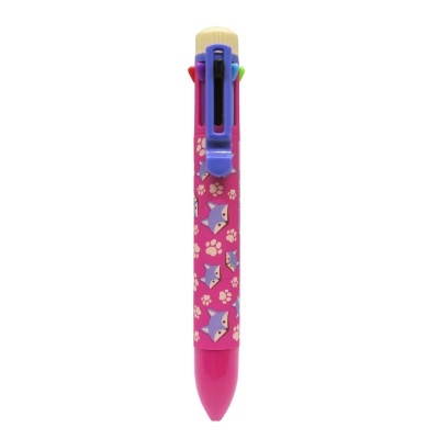 Caneta esferográfica multicolor com decoração de raposas e pegadas cor-de-rosa