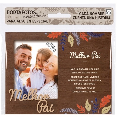 Porta-fotos em madeira com mensagem 'Melhor Pai' e decoração com folhas coloridas