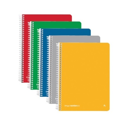 Cinco cadernos espiralados coloridos em vermelho, verde, azul, cinza e amarelo