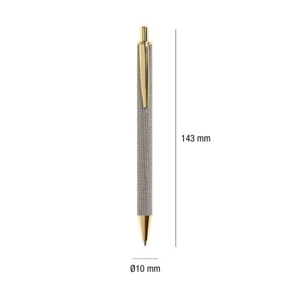 Caneta cinza texturizada com detalhes dourados sobre fundo branco