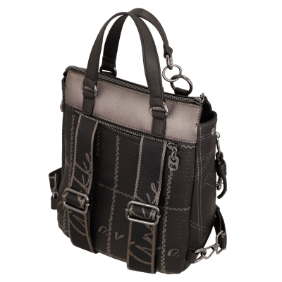 Mala de mão ou mochila preta com padrão cinzento e alças ajustáveis em tecido.