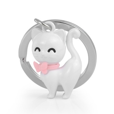 Chaveiro com pendente de gato branco com laço rosa e argola metálica