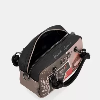 Bolsa de mão feminina preta e rosa com estampas coloridas, vista superior com fecho aberto