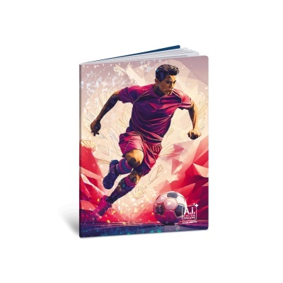 Capa de caderno com ilustração de jogador de futebol e bola em fundo geométrico vermelho e bege