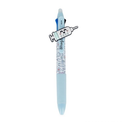 Caneta azul com padrão médico e clip de seringa sorridente
