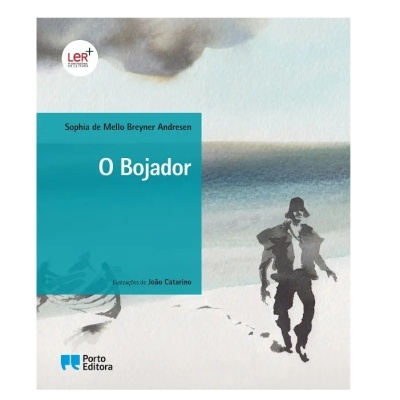 Capa do livro O Bojador com ilustração de homem na praia e mar