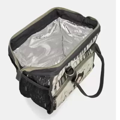 Mala térmica retangular com interior prateado isolante e bolso de rede lateral preto