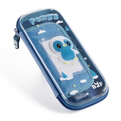 Estojo escolar azul com desenho de pinguim e fecho de correr