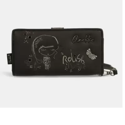 Carteira preta retangular com desenhos e texto Anekke e Relish the moment