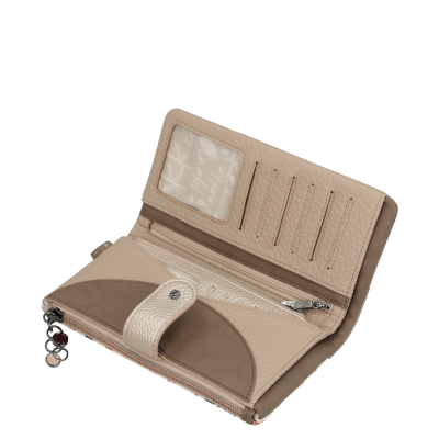 Carteira de senhora bege e castanha aberta com fecho de pressão e zíper.