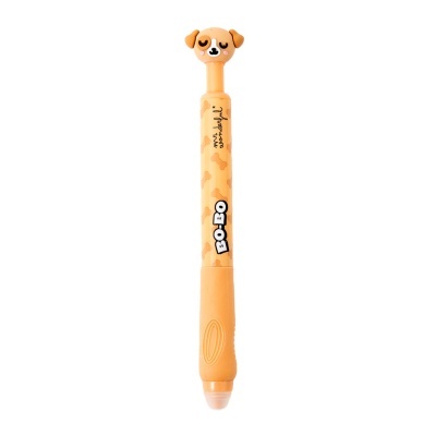Caneta laranja com tampa em forma de cabeça de cão e padrão de ossos.