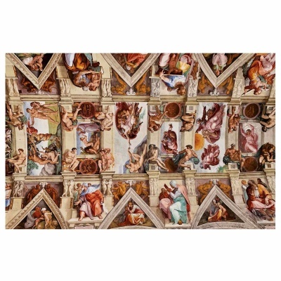Tecto com frescos renascentistas coloridos e detalhados com figuras humanas